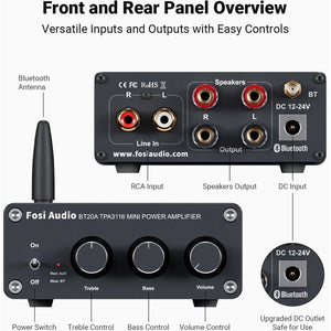 Fosi Audio BT20A Bluetooth Stereo Amplifier, 2 Channel Home Audio Component Amplifiers for Passive Speakers, Mini Class D Amp Receiver 200W for Indoor/Outdoor/Garage/Ceiling/Bookshelf Speaker