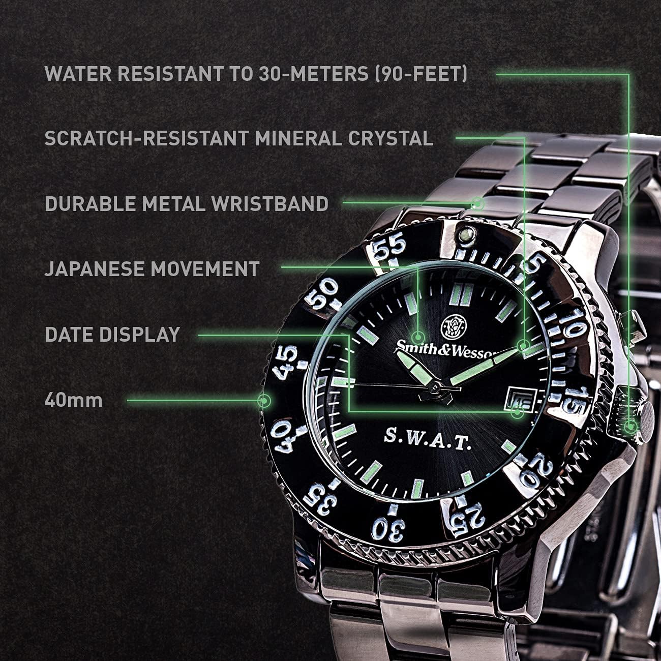 Buy now Smith & Wesson Men's S.W.A.T. Watch, 3ATM, Stainless Steel Caseback, Glowing Hands, Back Glow, Tactical Watch, Precision Quart, Scratch Resistant, 40mm, Christmas Gift at indiglob india