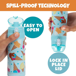 Bentology Stainless Steel 13 oz Reusable Water Bottle for Kids, Ice Cream - Double Wall Insulated, Spill Proof Lid w/Built-in Straw- Keep Liquids Hot or Cold For Hours- Fits in Lunch Boxes & Bags