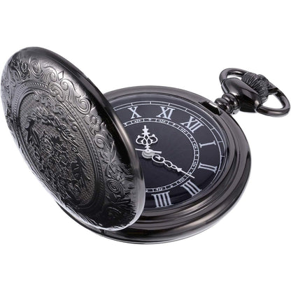 Men's Quartz Pocket Watch with Black Dial and Chain