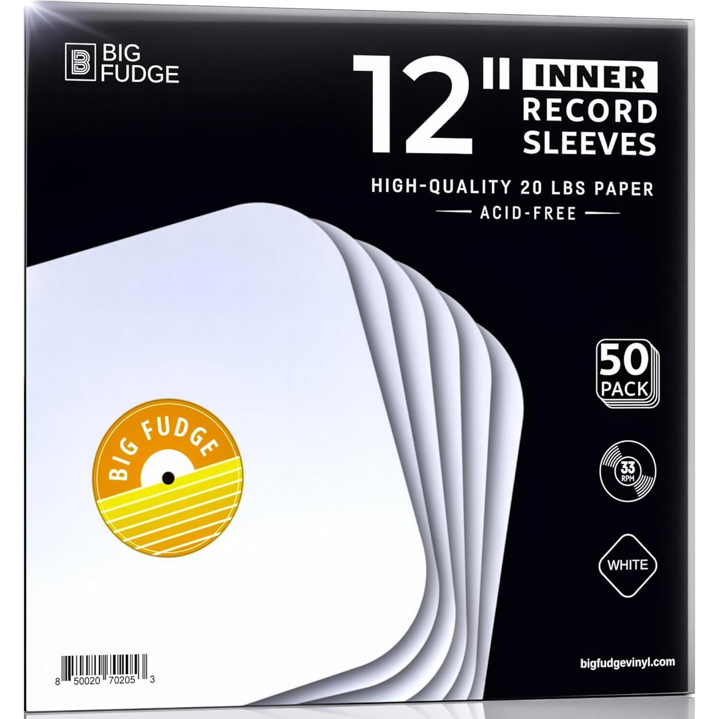 Big Fudge 50x Vinyl Record Inner Sleeves - Round Corners for 12" Records - Vinyl Record Sleeves in Heavyweight & Acid Free Paper - Protective LP Album Cover - White