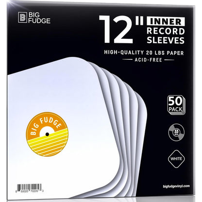 Big Fudge 50x Vinyl Record Inner Sleeves - Round Corners for 12" Records - Vinyl Record Sleeves in Heavyweight & Acid Free Paper - Protective LP Album Cover - White