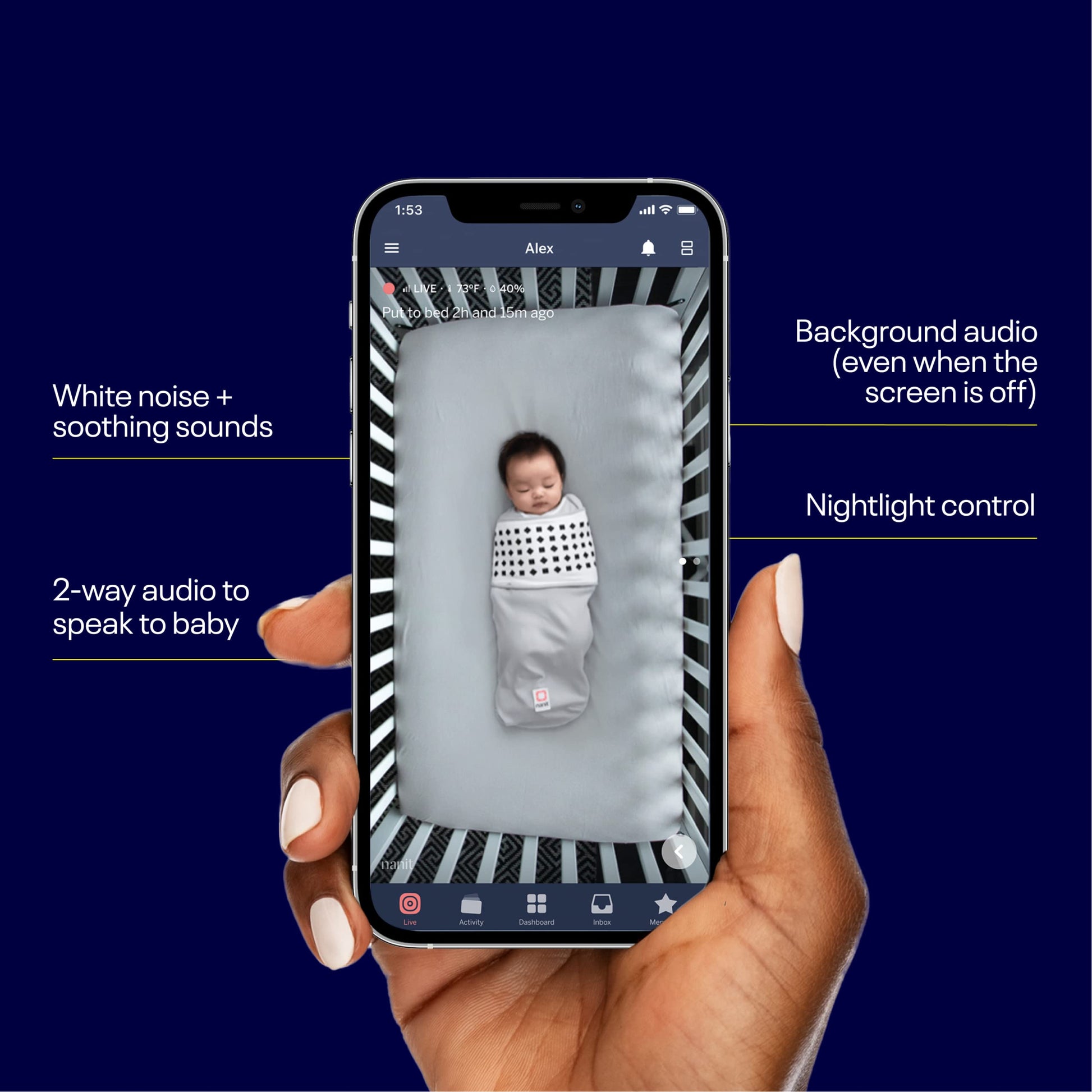 Buy now Nanit Pro Smart Baby Monitor & Wall Mount - 1080p Secure Wi-Fi Video Camera, Sensor-Free Sleep & Breathing Motion Tracker, 2-Way Audio, Sound & Motion Alerts, Night Vision, and Breathing Band - Black at indiglob india