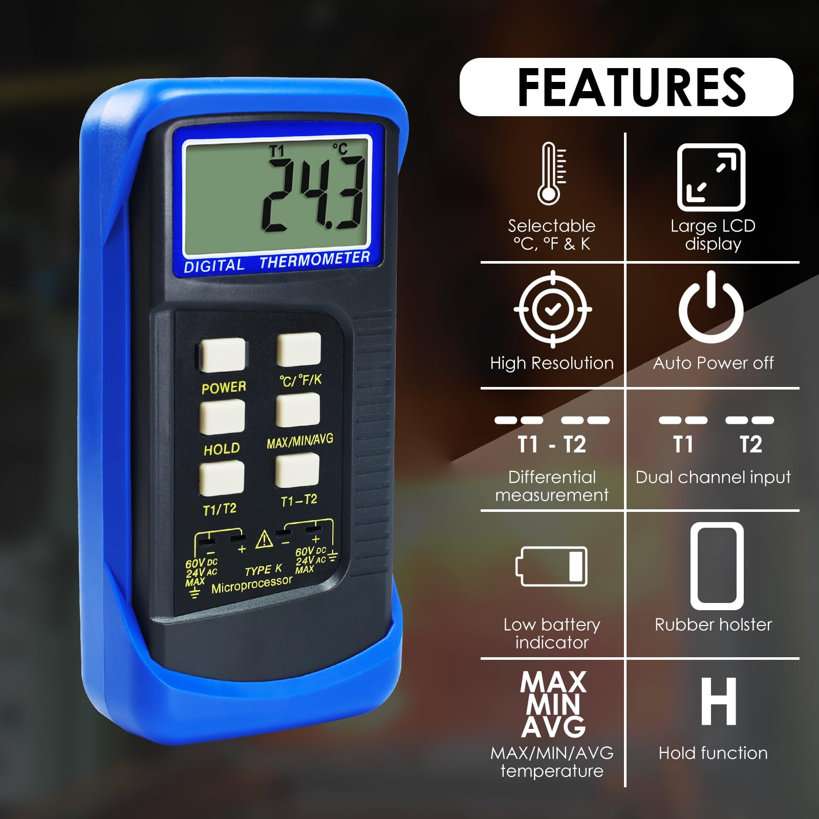 Buy now Thermocouple Thermometer Digital K Type Dual Channel Thermometer HVAC Temperature Meter with 4 Thermocouples, MAX/MIN/AVG Temperature Measurement, -50~1300°C (-58~2372°F) at indiglob india