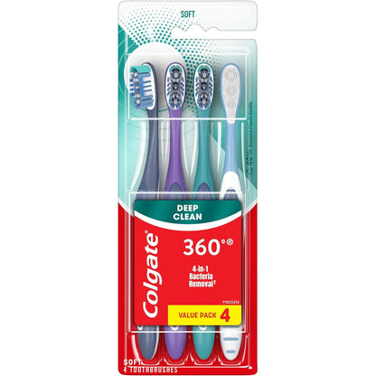 Colgate 360 Deep Clean Soft Toothbrush for 4 in 1 Bacterial Removal, Features Floss Tip Bristles and Tongue Cleaner, 4 Count