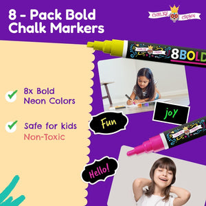 Liquid Chalk Markers for Blackboards - Bold Color Dry Erase Marker - Chalk Markers for Chalkboard Signs, Windows, Blackboard, Glass - 6mm Reversible Tip (8 Pack) - 24 Chalkboard Labels Included