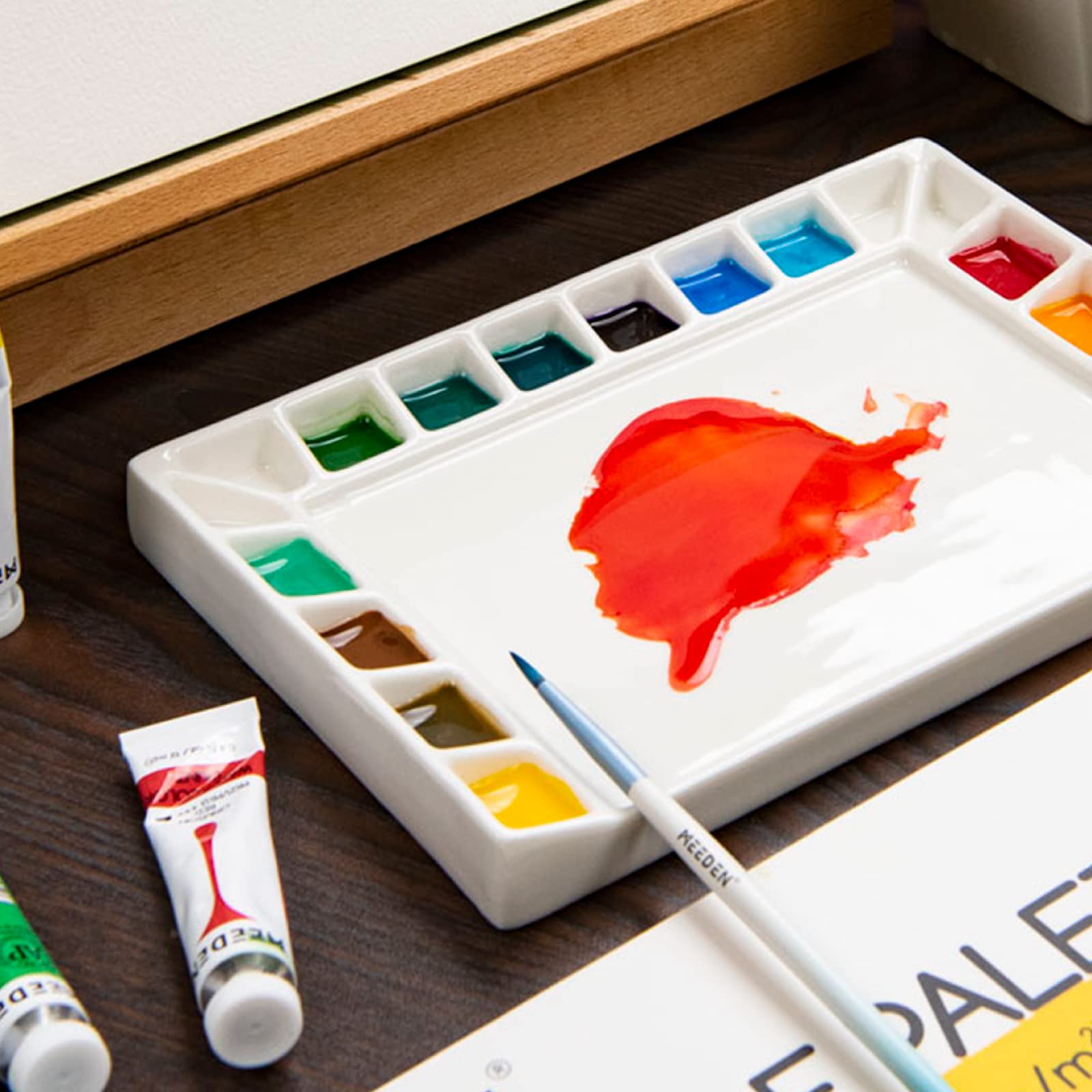 Buy now MEEDEN 18-Well Porcelain Artist Paint Palette, Mixing Art Ceramic Watercolor Paint Palette for Watercolor Gouache Acrylic Oil Painting, Rectangle 8 by 5-1/2-Inch at indiglob india