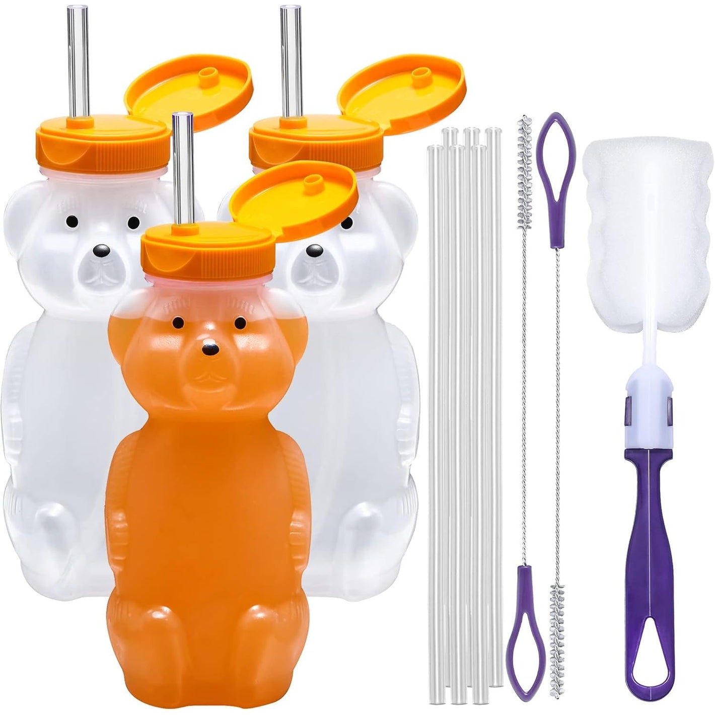 Special Supplies Honey Bear Straw Cup Long Straws, Squeezable Therapy and Special Needs Assistive Drink Container, Spill Proof and Leak Resistant Lid (Pack of 3 Bottles and 6 Straws)