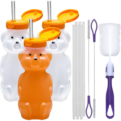 Special Supplies Honey Bear Straw Cup Long Straws, Squeezable Therapy and Special Needs Assistive Drink Container, Spill Proof and Leak Resistant Lid (Pack of 3 Bottles and 6 Straws)