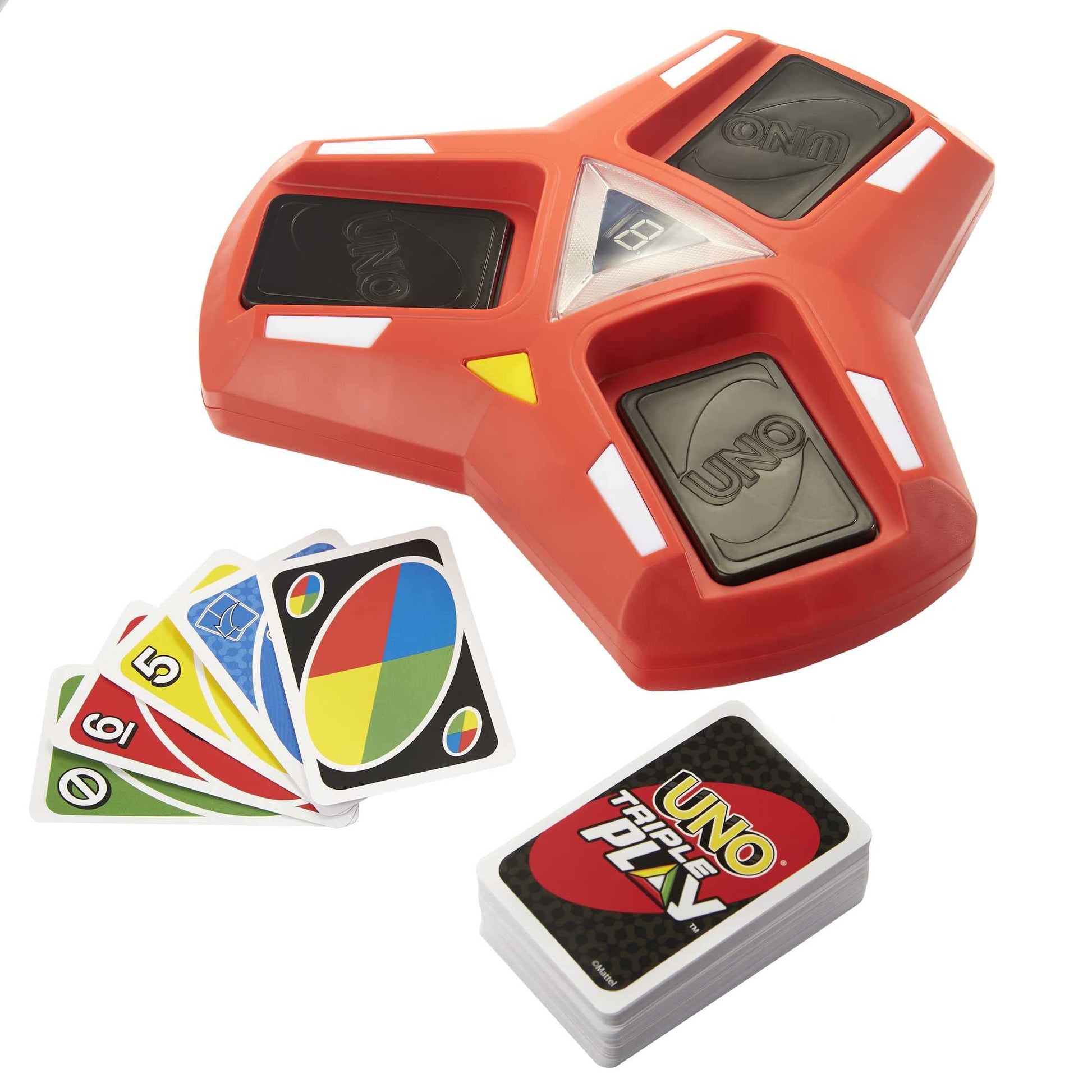 Buy now UNO Triple Play Card Game with Card-Holder Unit with Lights & Sounds & 112 Cards, Kid, Teen & Adult Game Night Gift Ages 7 Years & Older, HCC21 at indiglob india