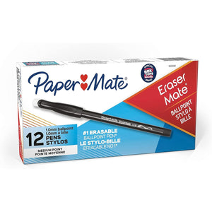 Paper Mate EraserMate Erasable Pen, Medium Point, Black, Box of 12