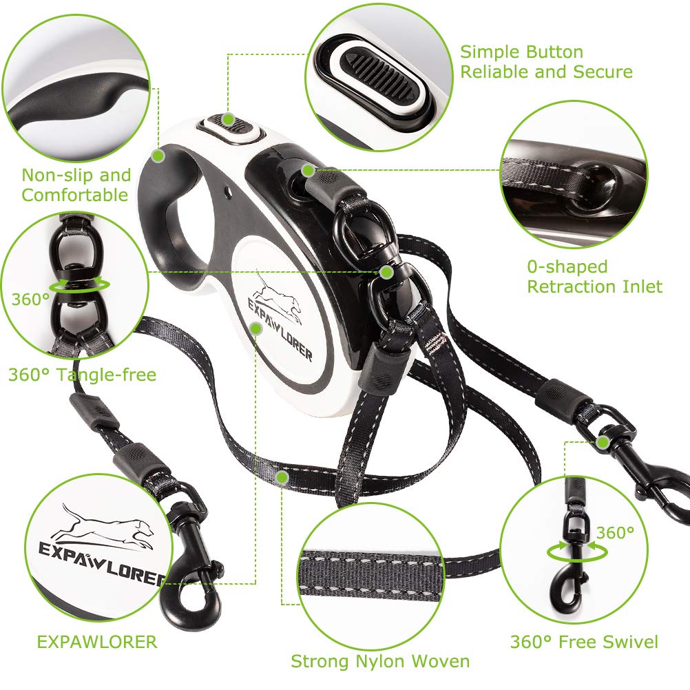 Buy now EXPAWLORER Dual Retractable Dog Leash - Double-Head Lockable Extendable Pet Leash - 16FT Reflective Nylon Ribbon - 360 Tangle-Free for Two Dogs Walking Training at indiglob india