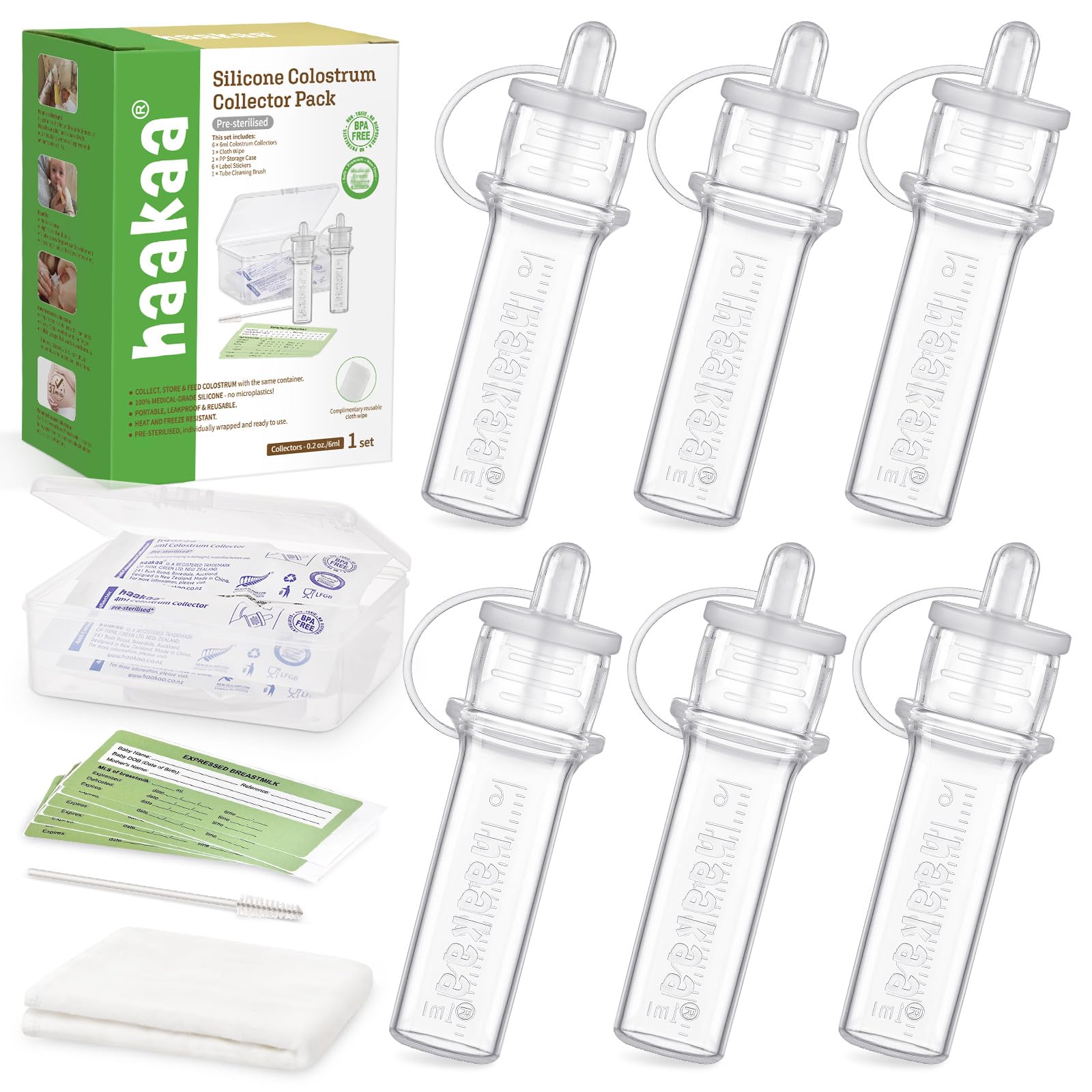 Buy now haakaa Colostrum Collector Kit Breast Milk Collector with Cotton Cloth Wipe and Storage Case, Ready-to-Use, Reusable, 4ml/6pcs at indiglob india