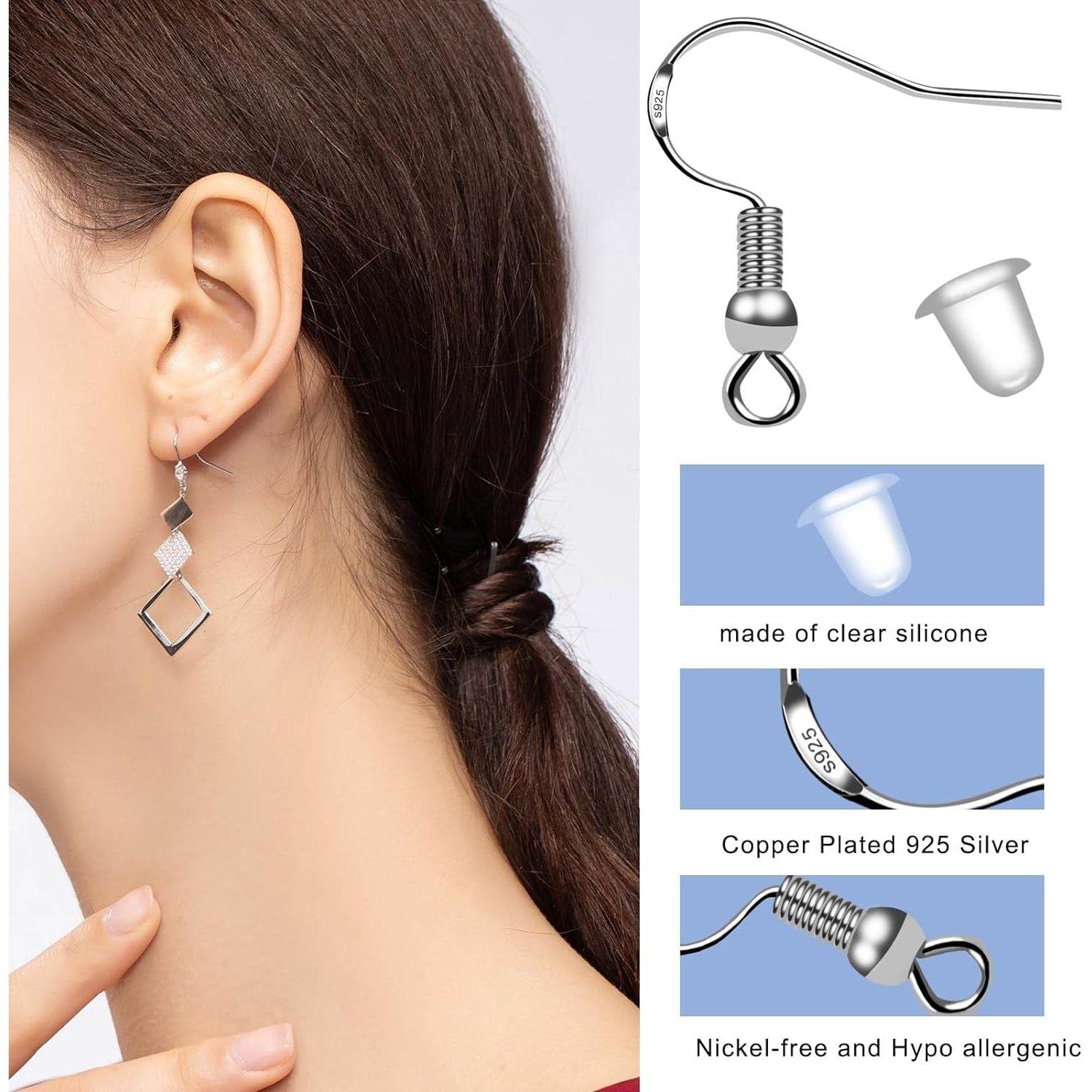 100 PCS/50 Pairs 925 Sterling Silver Earring Hooks Fish Hook Ear Wires French Wire Hooks Hypo-allergenic Jewelry Findings Earring Parts DIY Making with 100 PCS Clear Rubber Earring Safety Backs - My Store