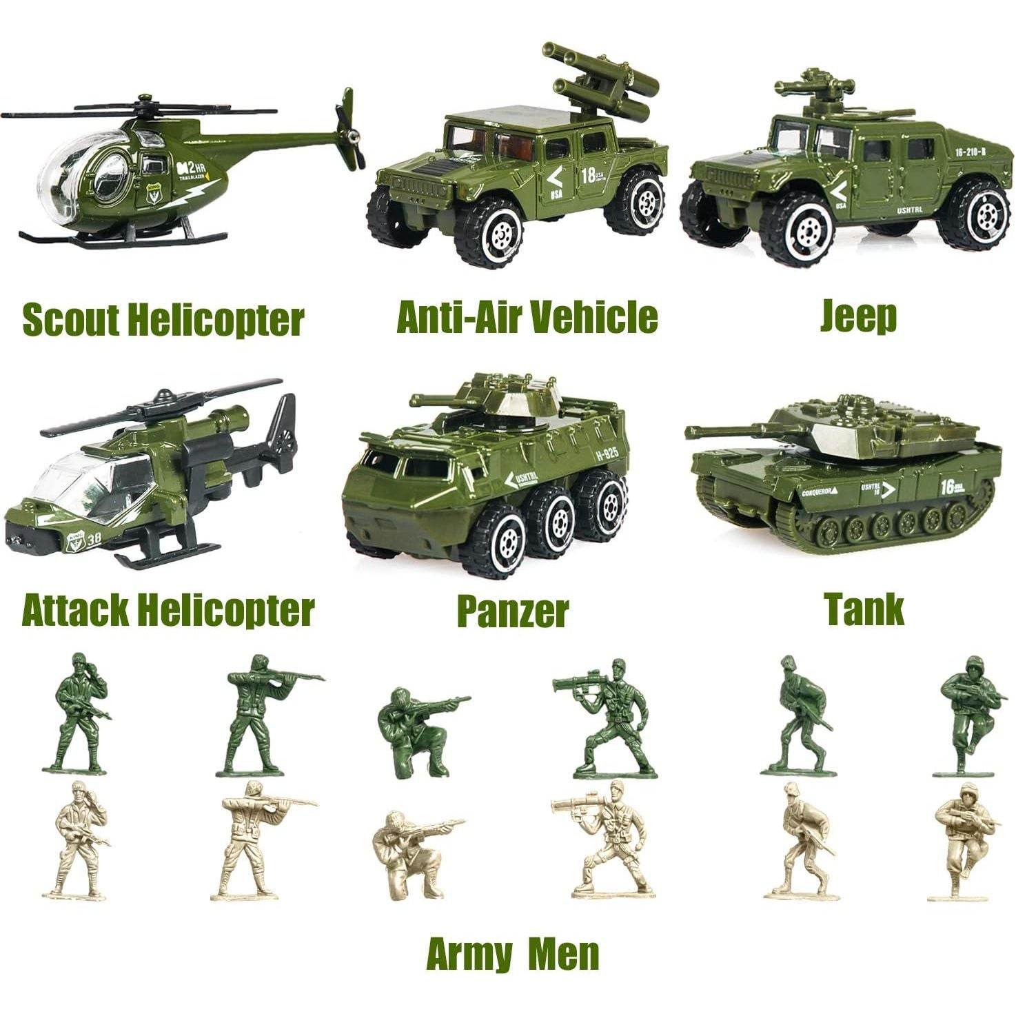 18 Pack Die-cast Military Vehicles Sets,6 Pack Assorted Alloy Metal Models Car Toys and 12 Pack Soldier Army Men, Mini Army Toy Tank,Panzer,Anti-Air Vehicle,Helicopter Playset for Kids Boys - My Store
