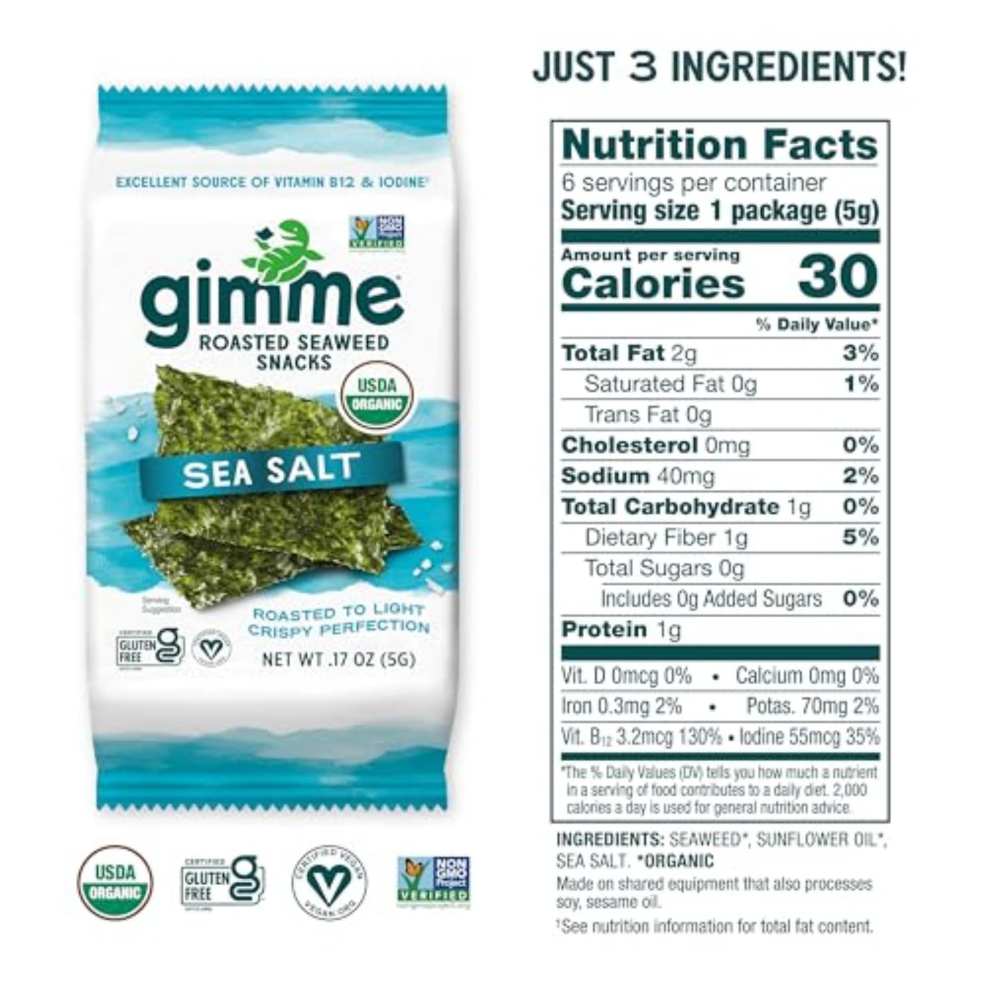 Buy now Gimme Seaweed Organic Premium Roasted Seaweed Snacks, Sea Salt, 6 Count, Keto, Vegan, Gluten-Free, Great Source of Omega3s and Iodine, Healthy On-The-Go Snack for Kids and Adults at indiglob india