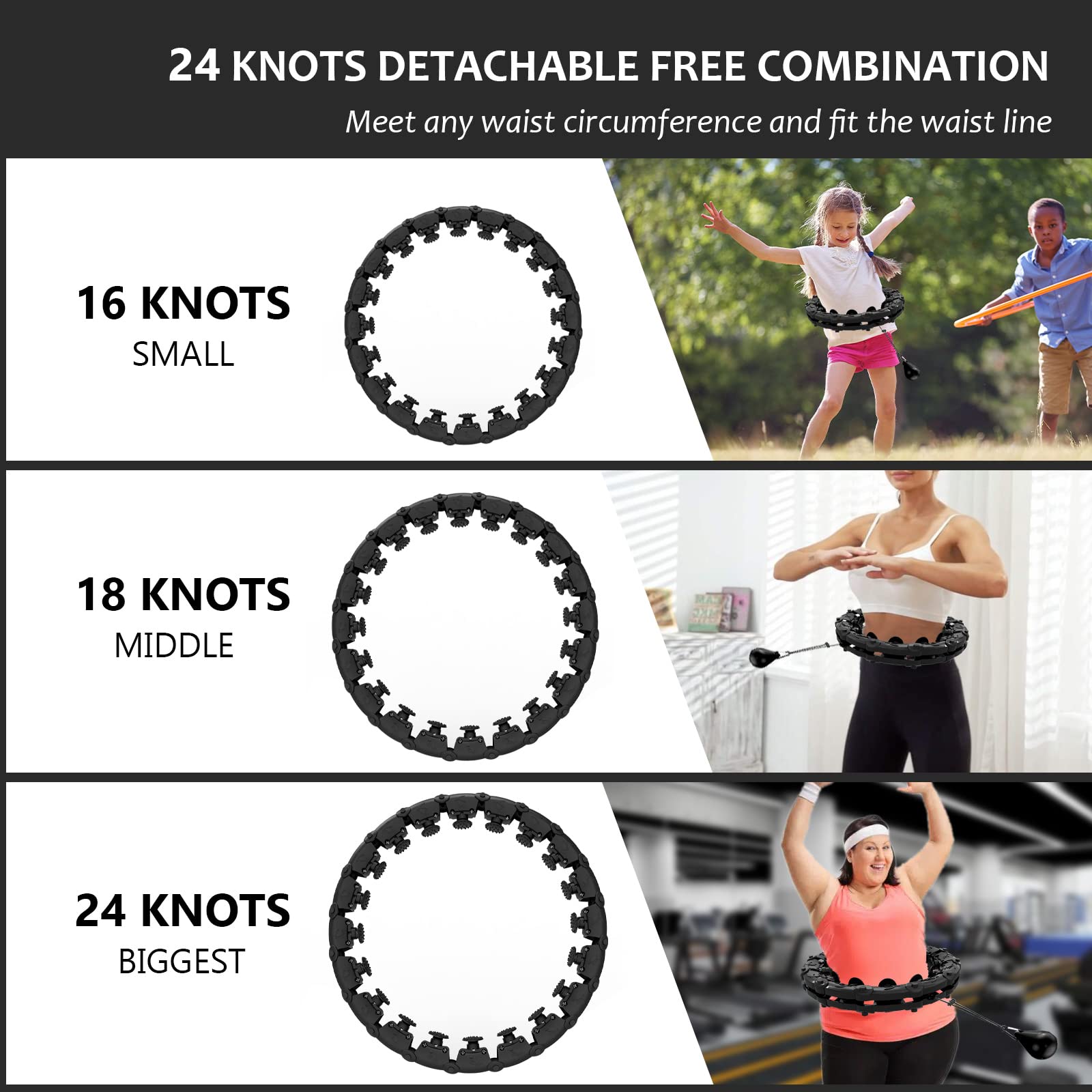 Buy now 24 Knots Weighted Hula Fit Hoop,Smart Hula Hoop Detachable Massage Exerciser Fitness for Adults Beginners Weight Loss and Exercis (Black) at indiglob india