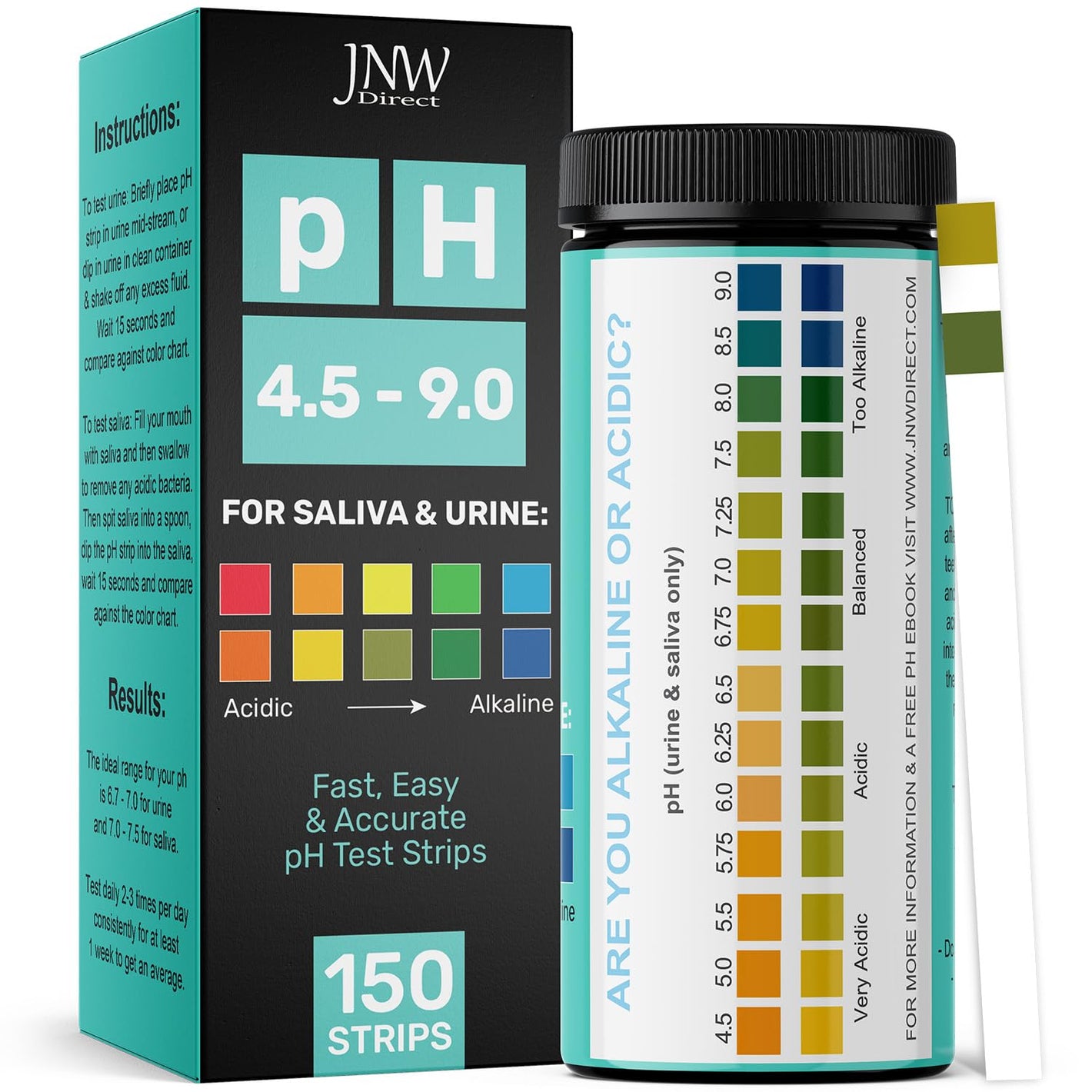 Buy now pH Test Strips for Urine and Saliva - 150 Litmus Paper pH Test Strips with Ebook, Quick & Easy pH Level Testing from 4.5-9.0, Ultimate Acidity Test Kit from JNW Direct at indiglob india
