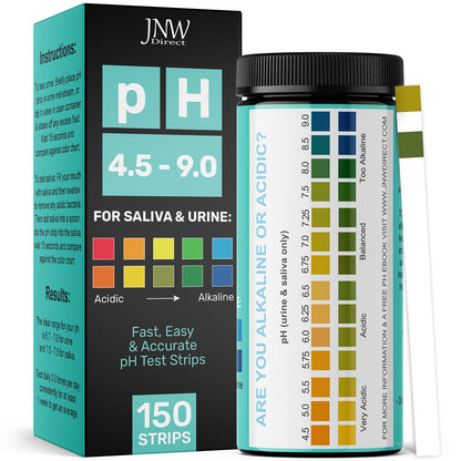 Buy now pH Test Strips for Urine and Saliva - 150 Litmus Paper pH Test Strips with Ebook, Quick & Easy pH Level Testing from 4.5-9.0, Ultimate Acidity Test Kit from JNW Direct at indiglob india