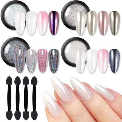 BORN PRETTY Chrome Nail Powder,White Pearl Metallic Mirror Holographic Chrome Powder for Nails,Pearl Glitter Pigment Dust Kit Nail Art Decoration Sets