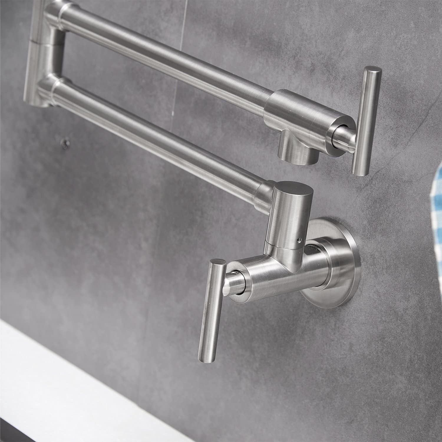 Buy now Pot Filler Faucet Brushed Nickel Wall Mount Commercial Kitchen Faucets Brass Folding Stretchable with Single Hole Two Handles by Aquafaucet at indiglob india