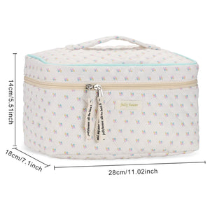 Sightor Cotton Makeup Bag, Quilted Cosmetic Bag with Handle Large Capacity Travel Toiletry Bag for Women Cute Aesthetic Floral Makeup Bag (Beige)
