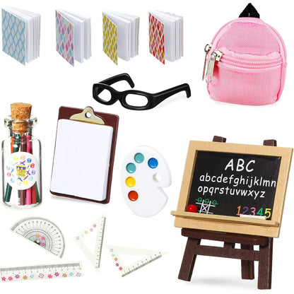 Chalyna Zomiboo 14 Pcs Mini Doll School Supplies Miniature Dollhouse Stuff Accessories for 11.5 Inch Doll DIY Toy Set Include Miniature Book Backpack Glasses Blackboard Pencil Ruler(Chic Style)
