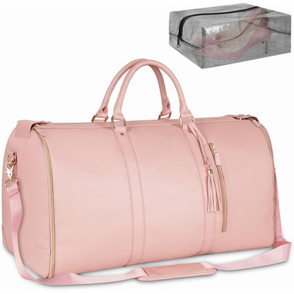 Ytonet Garment Duffle Bags for Travel, Convertible Carry On Garment Bag for Women, Large PU Leather Foldable Travel Bag with Shoe Pouch, 2 in 1 Hanging Suitcase Dress Suit Travel Bags, Pink