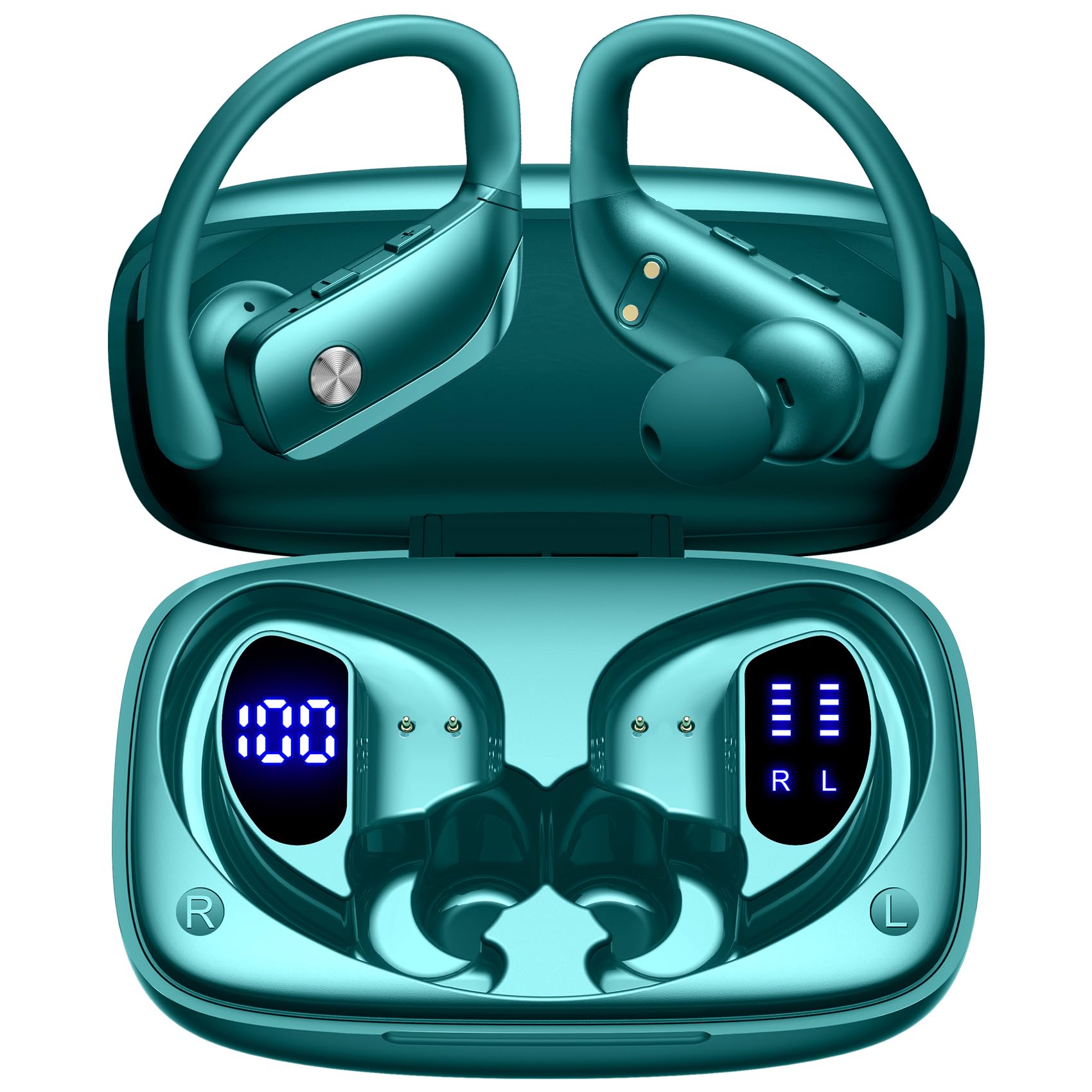 Buy now bmani Ear Buds Wireless Earbuds Bluetooth Headphones with 80H Playtime LED Display Case, Over-Ear Hook with Mic, Stereo Sound, Easy Button Controls, Sports Earphones for Running Workout Gym Black Standard Green at indiglob india