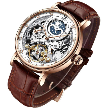 IK COLOURING Bestn Mens Luxury Skeleton Automatic Mechanical Wrist Watches Leather Moon Phrase Luminous Hands Self-Wind Watch