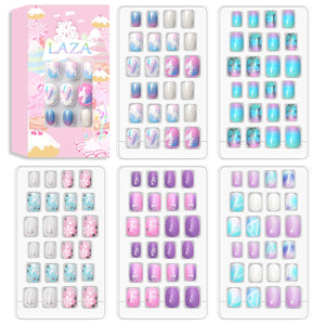 Laza 120pcs Children Nails Press On Pre-glue Full Cover Nail Tips Kit Glitter Gradient Color Rainbow Short Artificial False Nail Kits Lovely Christmas Gift for Children Kids Girls - Silver Pearl