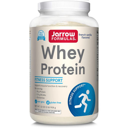 Jarrow Formulas Whey Protein with 18 g of Protein, 3.8 g of BCAAs, & Glutamine, Dietary Supplement for Muscle Function & Recovery Support, 32 oz Vanilla Flavored Powder, Approximately 36 Day Supply