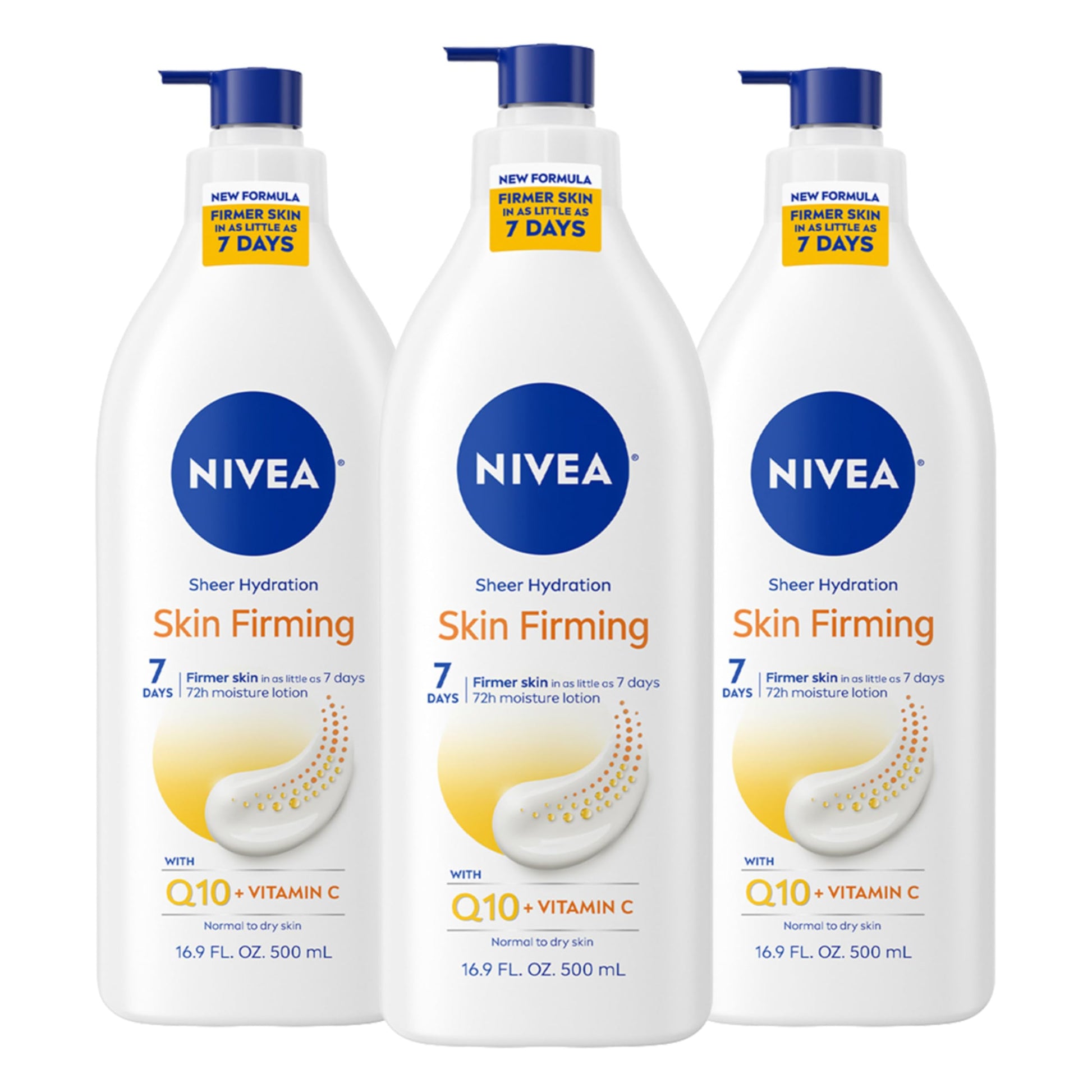 Buy now NIVEA Sheer Hydration Skin Firming Body Lotion with Q10 and Vitamin C, 72-Hour Body Moisturizer for Normal to Dry Skin, 16.9 Fl Oz Pump Bottle, Pack of 3 at indiglob india
