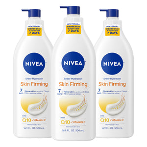 Buy now NIVEA Sheer Hydration Skin Firming Body Lotion with Q10 and Vitamin C, 72-Hour Body Moisturizer for Normal to Dry Skin, 16.9 Fl Oz Pump Bottle, Pack of 3 at indiglob india