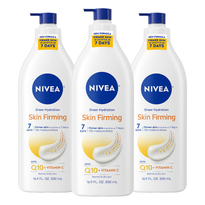 Buy now NIVEA Sheer Hydration Skin Firming Body Lotion with Q10 and Vitamin C, 72-Hour Body Moisturizer for Normal to Dry Skin, 16.9 Fl Oz Pump Bottle, Pack of 3 at indiglob india