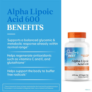 Doctor's Best Alpha-Lipoic Acid 600, Supports Antioxidant Function & Glycemic Balances, Non-GMO, Gluten Free, Vegan, Soy Free, 600 mg, 60 Veggie Caps