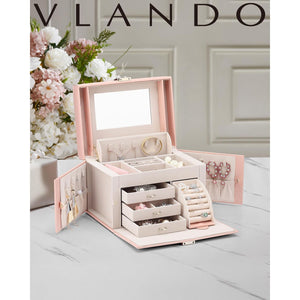 Vlando Jewelry Box Organizer for Girls Women, Large Baroque Jewelry Holder Organizer with Mirror, 3 Drawers for Bracelets, Earrings, Rings, Necklaces, Mothers Day for Loved One, Pink