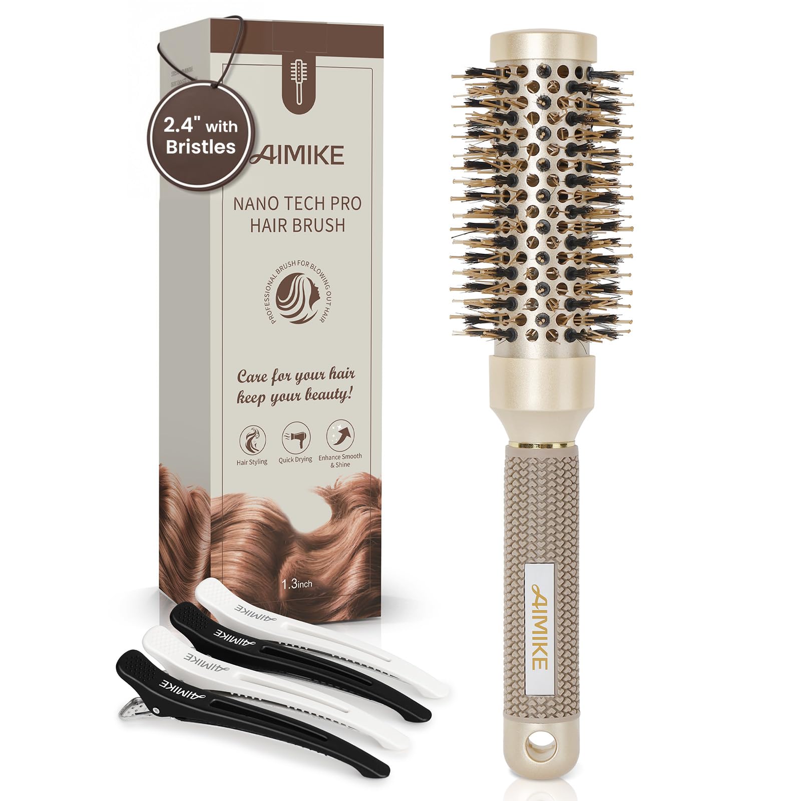Buy now AIMIKE Round Hair Brush, Nano Thermal Ceramic & Ionic Tech, 2.1 Inch Barrel with Boar Bristles for Enhanced Texture, Golden, Hair Drying, Styling, Curling and Shine + 4 Free Clips 32mm-1.3 Inch (2.4 Inch with Bristles) at indiglob india