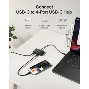 Belkin Connect USB-C to 4-Port Hub, Multiport Adapter with 4 USB-C 3.2 Gen2 Ports & 100W PD with Max 10Gbps High Speed Data Transfer for MacBook, iPad, Chromebook, PC, and More, Blac