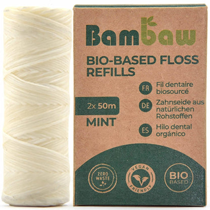 Natural Silk Dental Floss | Candelilla Wax Tooth Floss | Natural Dental Tape | Plastic Free Dental Floss | Eco Floss | Stainless Steel Dispenser | Zero Waste Floss | Silk Floss Mint | 55 yd | Bambaw