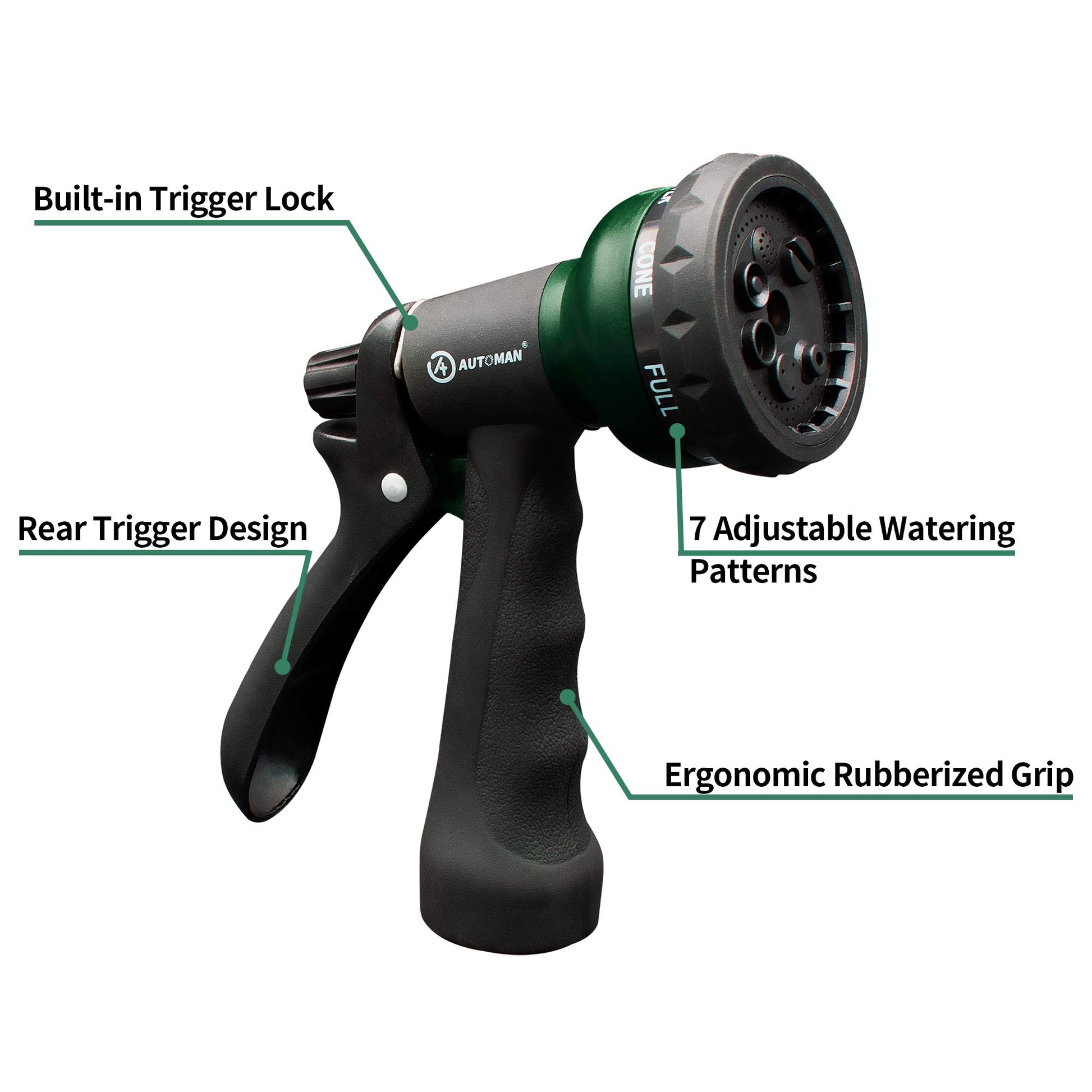 Buy now AUTOMAN-Garden-Hose-Nozzle, ABS Water Spray Nozzle with 7 Adjustable Watering Patterns, Slip Resistant for Watering Plants, Lawn& Garden, Washing Cars, Cleaning, Showering Pets & Outdoor Fun. at indiglob india