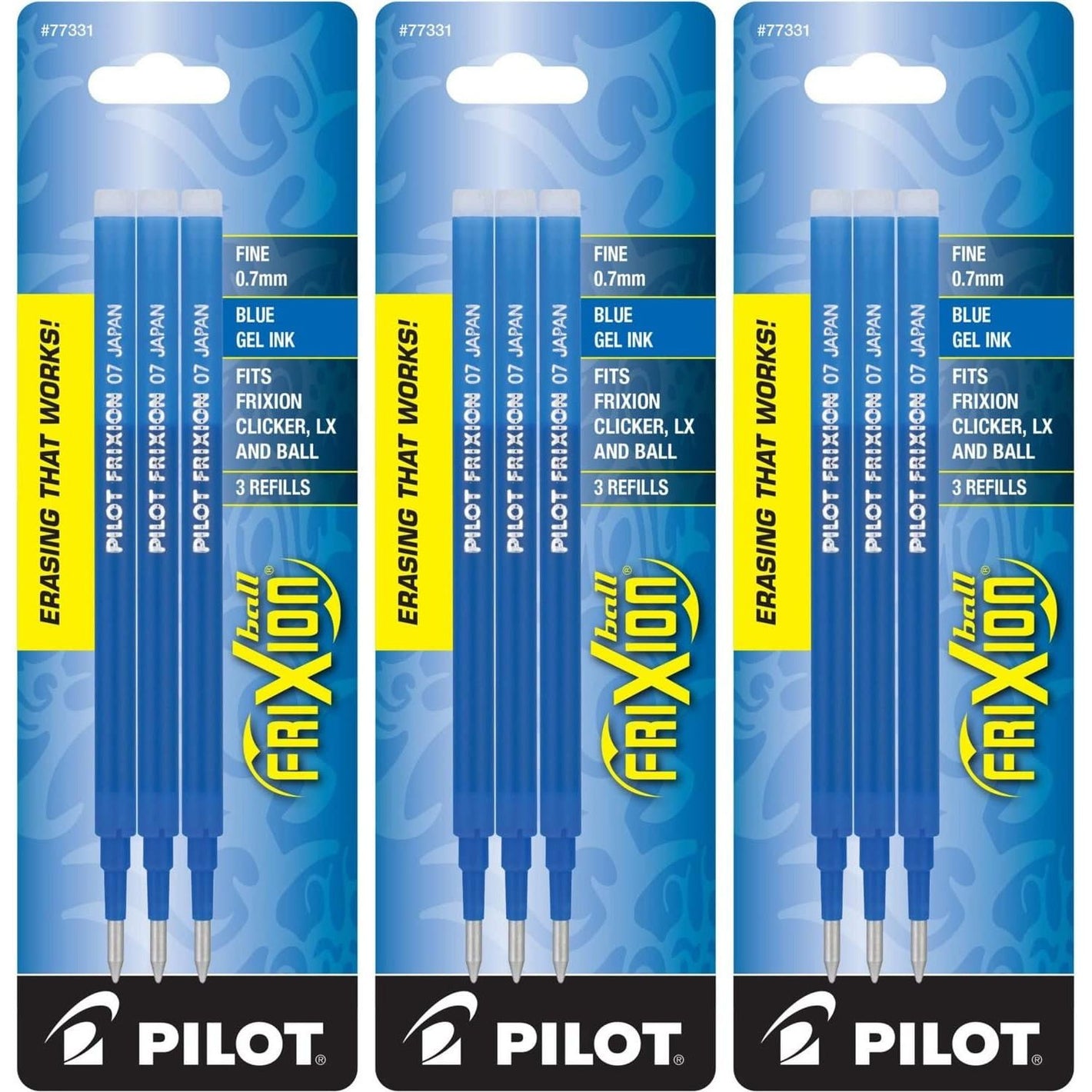 Pilot Gel Ink Refills for FriXion Erasable Gel Ink Pen, Fine Point, Blue Ink, 3 Packs 9 refills total
