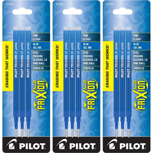 Pilot Gel Ink Refills for FriXion Erasable Gel Ink Pen, Fine Point, Blue Ink, 3 Packs 9 refills total
