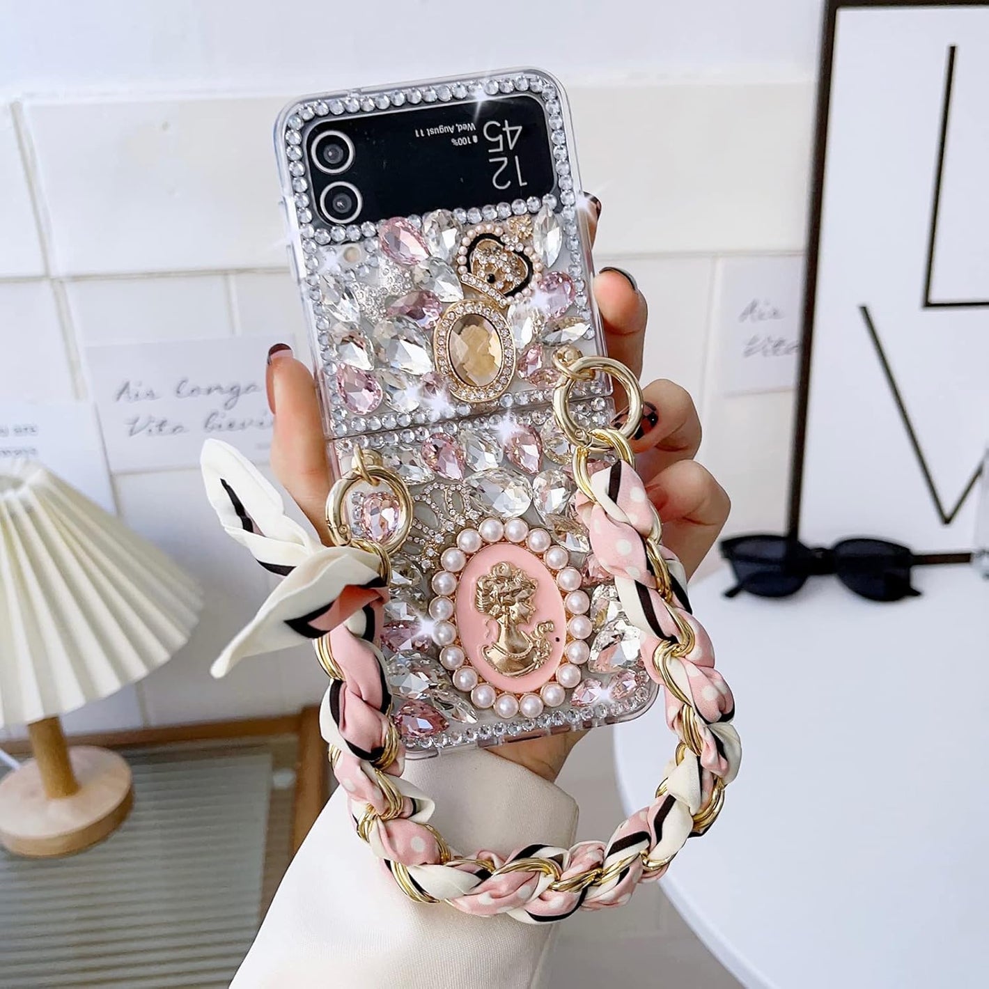 Omio for Samsung Galaxy Z Flip 4 Bling Case with Hand Chain Wrist Strap Bracelet Silk Scarf for Girls Women Sparkle Rhinestone Pearl Crystal Glitter Diamond Shockproof Cover for Galaxy Z Flip 4 Pink