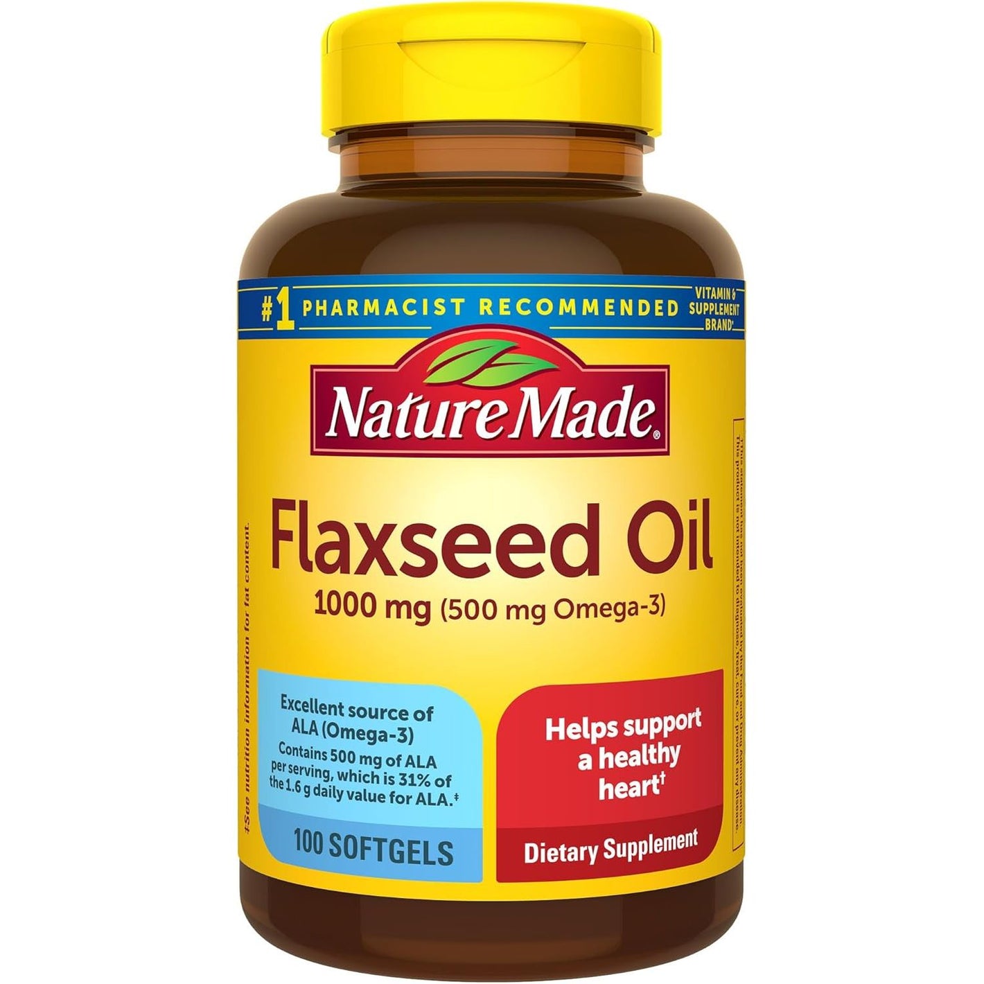 Nature Made Flaxseed Oil 1000 mg, Fish Free Omega 3 Supplement, Dietary Supplement for Heart Health Support, 100 Softgels, 100 Day Supply