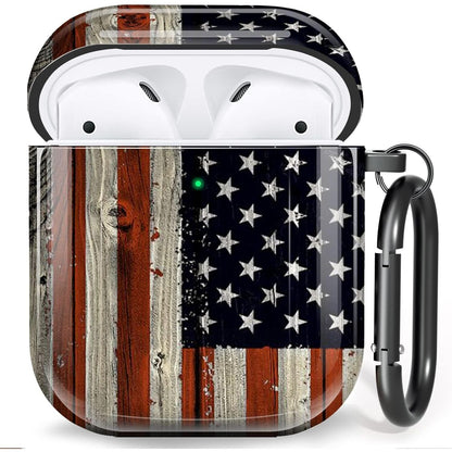 AirPod Case Cover for AirPod 2/1, Shockproof Protective Skin with Keychain for Apple AirPods 2nd 1st Generation Charging Case, Front LED Visible, American Flag AirPod Case