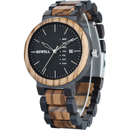 BEWELL Wood Watches for Men Week & Date Quartz Mens Wooden Watch