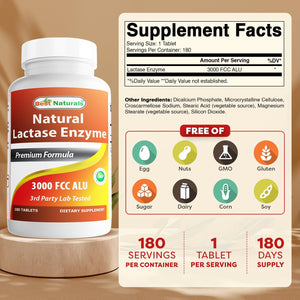 Best Naturals Fast Acting Lactase Enzyme Tablet, 3000 Fcc Alu, 180 Count (859375002900)