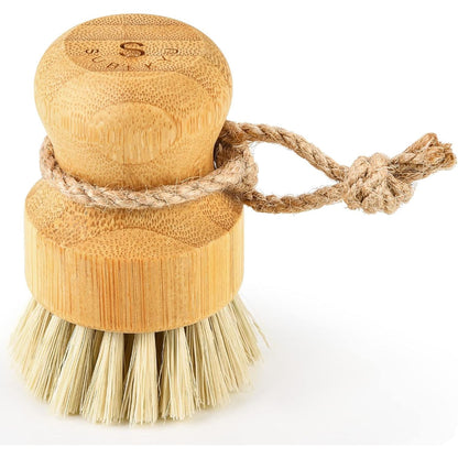 SUBEKYU Bamboo Dish Scrub Brush for Kitchen Sink, Natural Wooden Washing Dish Brush Scrubber with Sisal Bristles for Household Cleaning, Cast Iron Pots, Pans and Vegetables