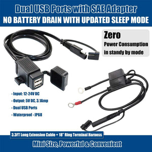 MOTOPOWER MP0609EA 3.1Amp Waterproof Motorcycle Dual USB Kit SAE to USB Adapter Cable with SAE Ring Terminal Cable Harness